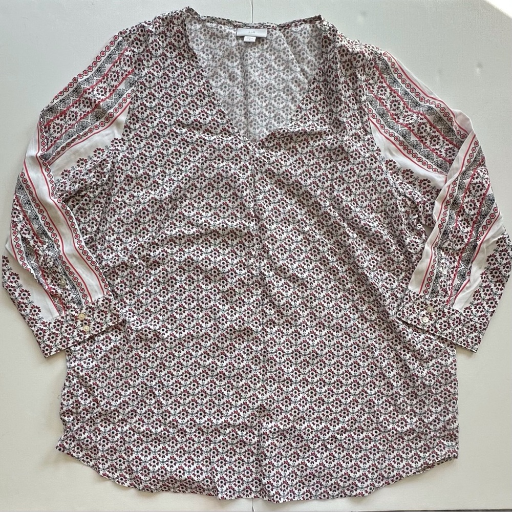 J‎ Jill Red Floral Geo Print Long Sleeve V Neck Tunic Blouse Women’s Medium Boho